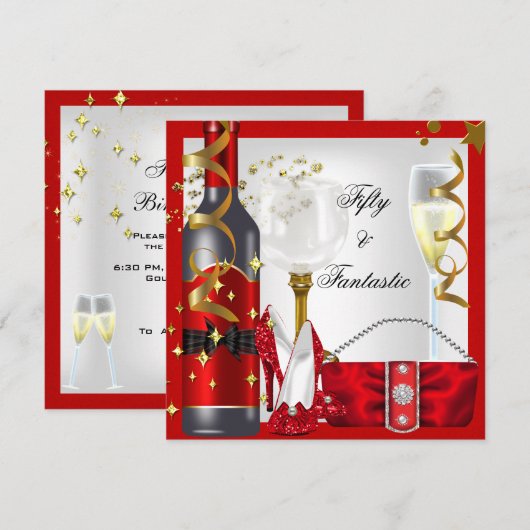 Invitation 50 & Fantastique Red White Gold fête d'anniversair (Devant / Derrière)