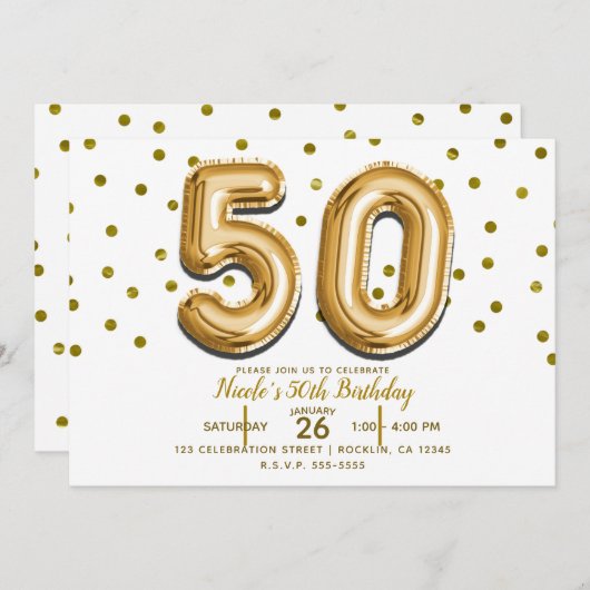 Invitation 50 Gold Balloons & Confetti 50e fête d'anniversair (Devant / Derrière)