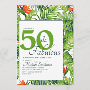 Invitation 50 Merveilleux Anniversaire Tropical Feuilles Rose