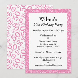 Invitation 50 motifs de nombres aléatoires rose/blanc 50ème