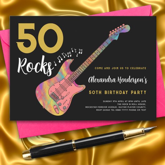 Invitation 50 Rocks Cool rose guitare 50e fête d'anniversaire