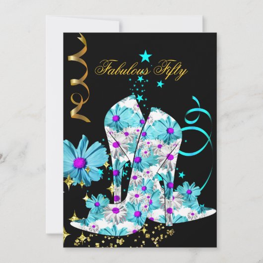 Invitation 50 Turquoise Floral Black Gold fête d'anniversaire (Devant)