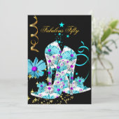 Invitation 50 Turquoise Floral Black Gold fête d'anniversaire (Debout devant)