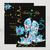 Invitation 50 Turquoise Floral Black Gold fête d'anniversaire (Devant / Derrière)