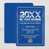 Invitation 50 Year High School Reunion Retro Blue Varsity QR (Devant / Derrière)