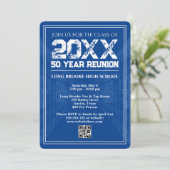 Invitation 50 Year High School Reunion Retro Blue Varsity QR (Debout devant)