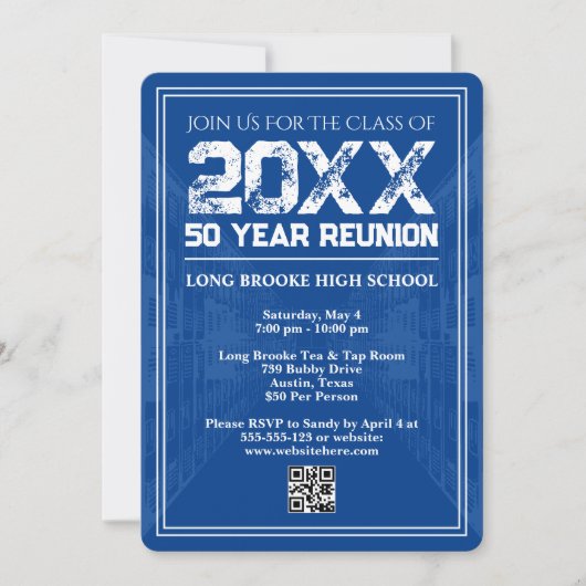 Invitation 50 Year High School Reunion Retro Blue Varsity QR (Devant)