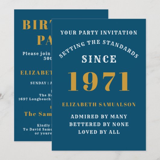 Invitation 50e anniversaire 1971 Blue Gold personnalisée pour (Devant / Derrière)