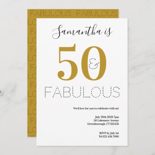Invitation 50e anniversaire 50 et Fab Typography Gold Party (Devant / Derrière)