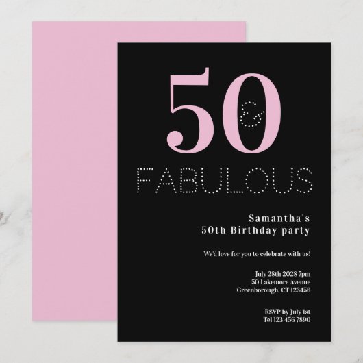 Invitation 50e anniversaire 50 et Fabulous Black Pink Party (Devant / Derrière)