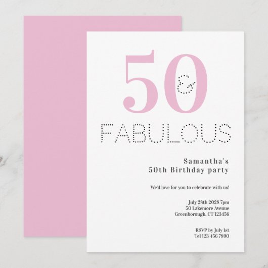 Invitation 50e anniversaire 50 et Fabulous Pink Party (Devant / Derrière)