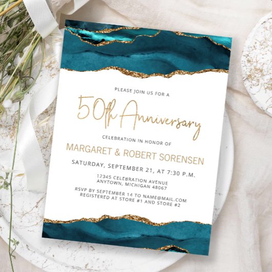 Invitation 50e Anniversaire Agate Or Turquoise