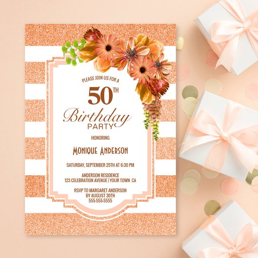 Invitation 50e anniversaire Apricot fêté floral rayé