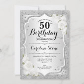 Invitation 50e anniversaire - Argent rayures Roses blanches (Devant)