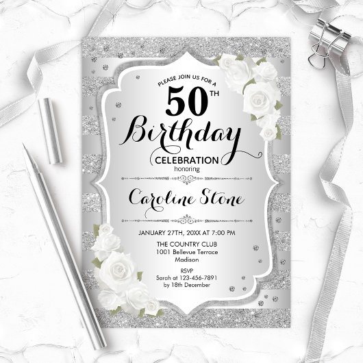 Invitation 50e anniversaire - Argent rayures Roses blanches