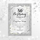 Invitation 50e anniversaire - Argent rayures Roses blanches