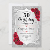 Invitation 50e anniversaire - Argent rayures Roses rouges (Devant)