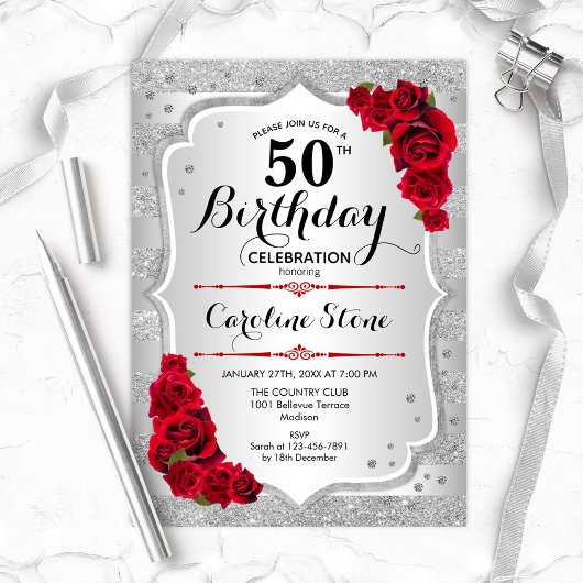Invitation 50e anniversaire - Argent rayures Roses rouges