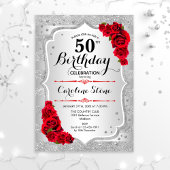 Invitation 50e anniversaire - Argent rayures Roses rouges