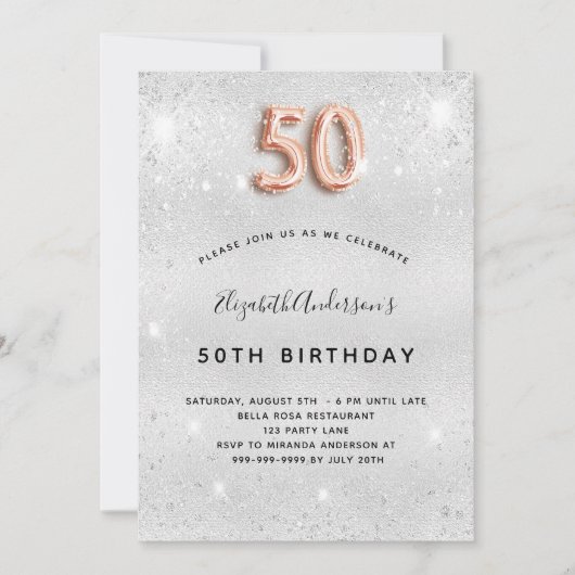 Invitation 50e anniversaire argent rose parties scintillant o (Devant)