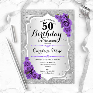 Invitation 50e anniversaire - Argent Stripes Roses violets