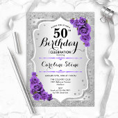 Invitation 50e anniversaire - Argent Stripes Roses violets