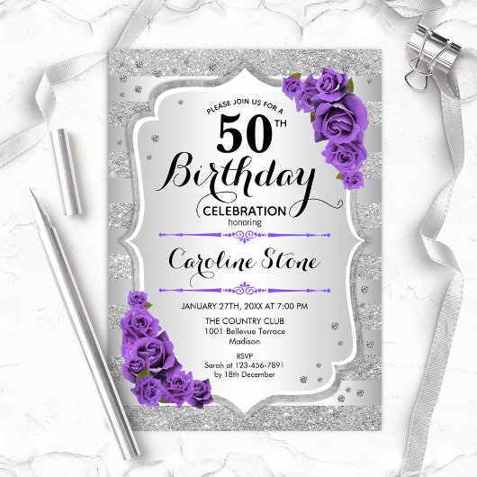 Invitation 50e anniversaire - Argent Stripes Roses violets