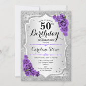 Invitation 50e anniversaire - Argent Stripes Roses violets (Devant)