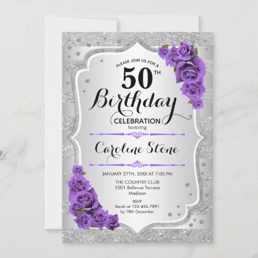 Invitation 50e anniversaire - Argent Stripes Roses violets (Devant)