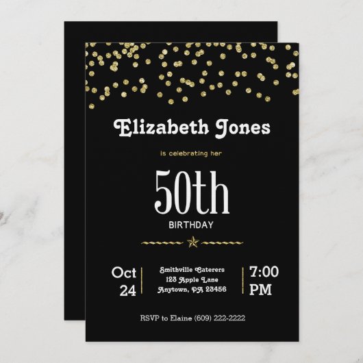 Invitation 50e anniversaire avec de l'or brillant (Devant / Derrière)