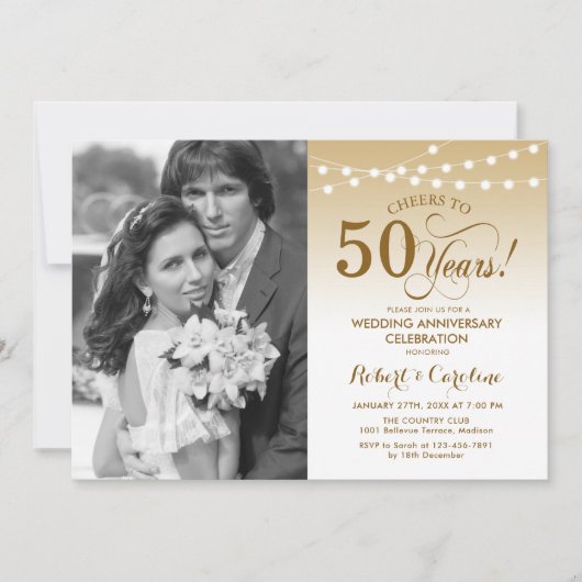 Invitation 50e anniversaire avec photo - Blanc Or (Devant)