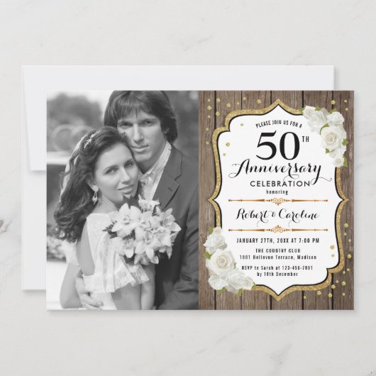 Invitation 50e Anniversaire avec Photo - Bois Or Blanc (Devant)