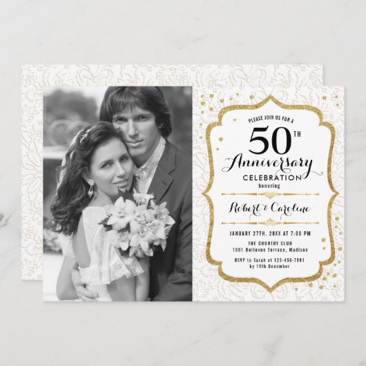 Invitation 50e Anniversaire avec Photo - Élégant Or Blanc (Devant / Derrière)