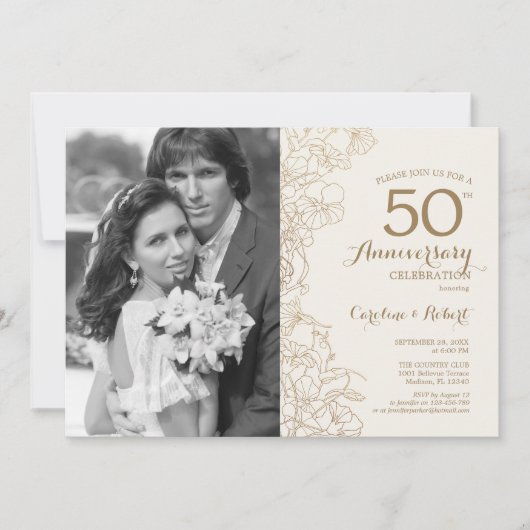 Invitation 50e anniversaire avec photo - Floral or ivory (Devant)