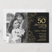Invitation 50e anniversaire avec photo - Floral or noir (Devant)