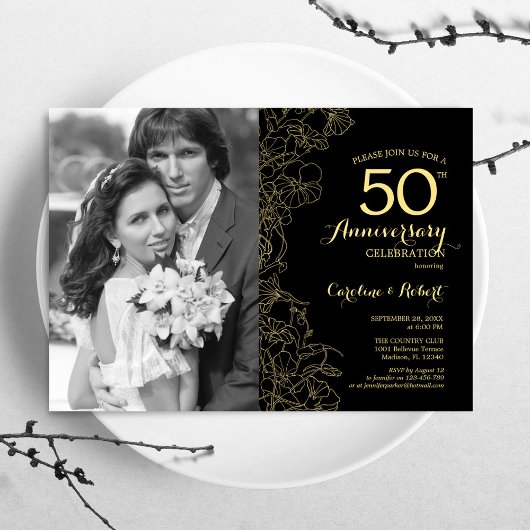 Invitation 50e anniversaire avec photo - Floral or noir