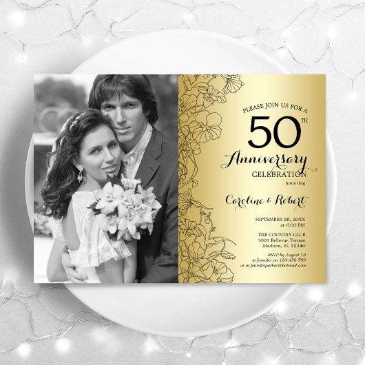 Invitation 50e anniversaire avec photo - Florale Or