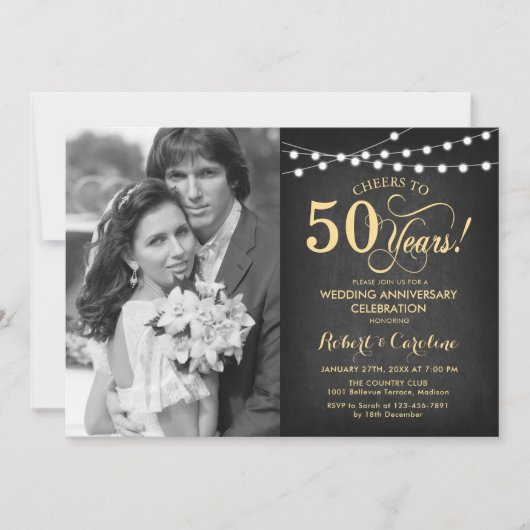 Invitation 50e anniversaire avec photo - Noir et or (Devant)