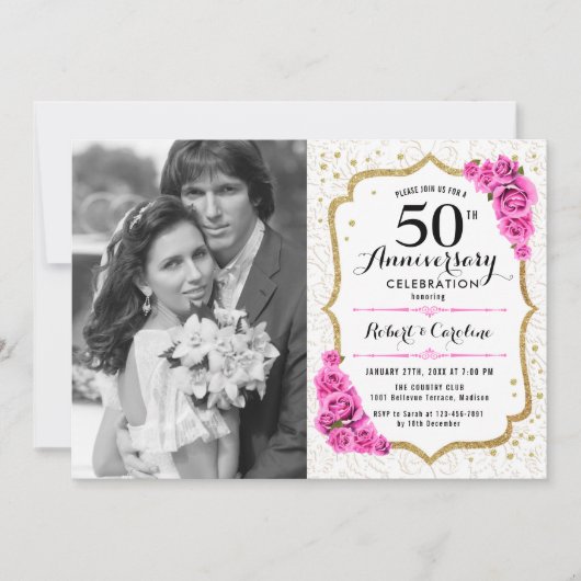 Invitation 50e Anniversaire avec Photo - Or Blanc Rose (Devant)