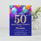 Invitation 50e Anniversaire Ballons bleu et or couleur marine (Debout devant)