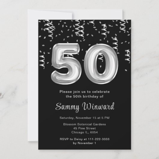 Invitation 50e anniversaire Ballons d'argent avec Confetti (Devant)