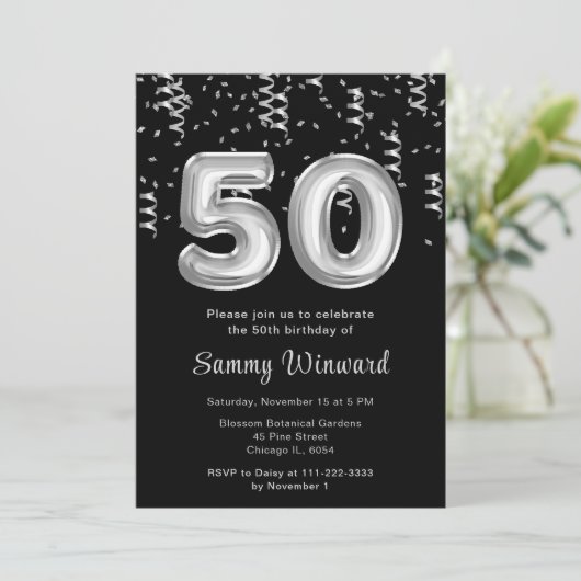 Invitation 50e anniversaire Ballons d'argent avec Confetti (Debout devant)