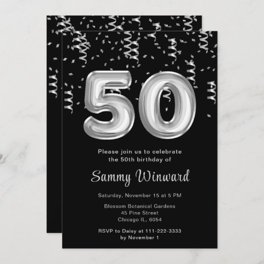Invitation 50e anniversaire Ballons d'argent avec Confetti (Devant / Derrière)