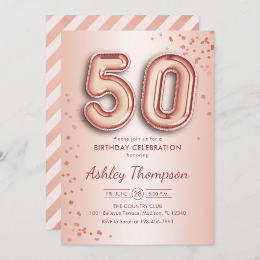 Invitation 50e anniversaire - Ballons d'or Rose (Devant / Derrière)