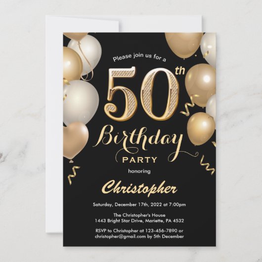 Invitation 50e anniversaire Ballons Noir et Or Confetti (Devant)