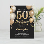 Invitation 50e anniversaire Ballons Noir et Or Confetti (Debout devant)