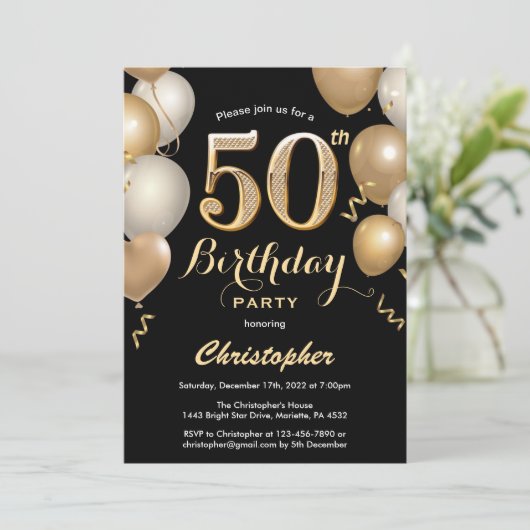 Invitation 50e anniversaire Ballons Noir et Or Confetti (Debout devant)