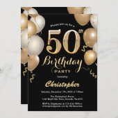 Invitation 50e anniversaire Ballons Noir et Or Confetti (Devant / Derrière)