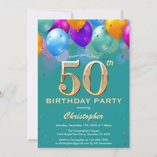 Invitation 50e anniversaire Ballons Turquoises et dorés (Devant)