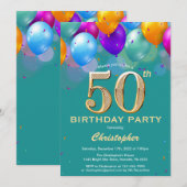 Invitation 50e anniversaire Ballons Turquoises et dorés (Devant / Derrière)
